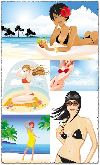 6 hot beach girls vectors
