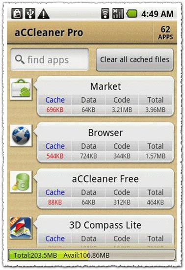 aCCleaner Pro 1.20 Android application