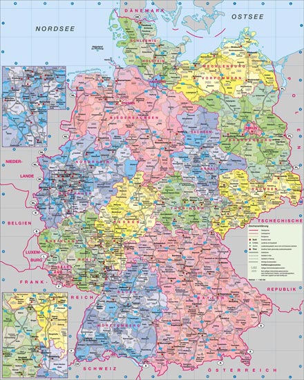 Administrative, physical and relief map of Germany