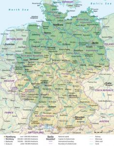 Large detailed general and relief map of germany with cities and roads