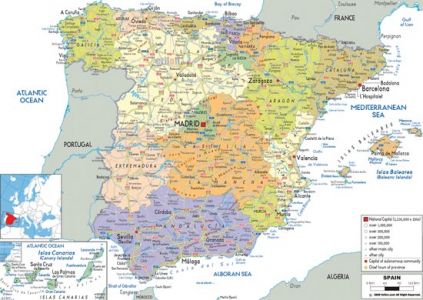 Administrative, physical and relief map of Spain