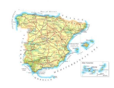 Administrative, physical and relief map of Spain