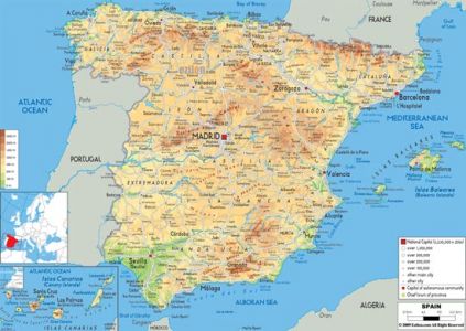 Administrative, physical and relief map of Spain