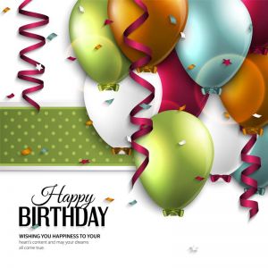Vector birthday card with balloons and birthday text.