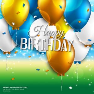 Vector birthday card with balloons and birthday text on colorful background.