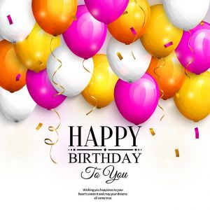 Happy birthday greeting card. Party colorful balloons, gold streamers, confetti and stylish lettering. Vector.,Happy birthday greeting card. Party colorful balloons, gold streamers, confetti and stylish lettering. Vector.