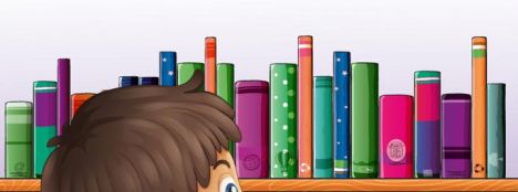 Cartoon boy in front of bookshelves vector