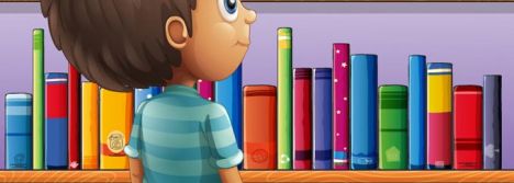 Cartoon boy in front of bookshelves vector