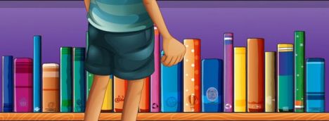 Cartoon boy in front of bookshelves vector