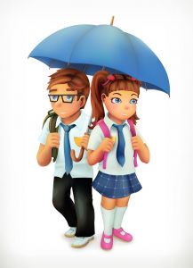 Boy and girl under an umbrella. Pupils cartoon character. Vector icon,Boy and girl under an umbrella. Pupils cartoon character. Vector icon