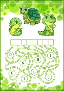 Educational puzzle game with cute green animals.
