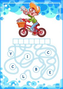 Educational puzzle game with boy on bike.