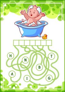 Educational puzzle game with happy baby in the bath.