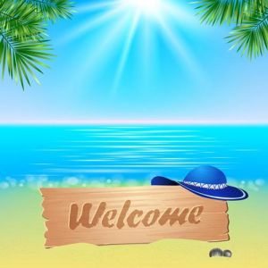 Summerl seaside view poster. Vector background.