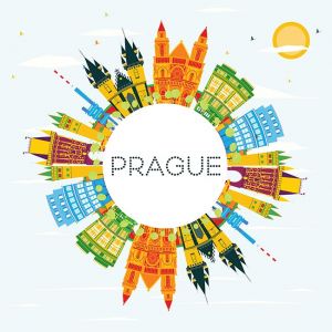 Prague Skyline with Color Buildings, Blue Sky and Copy Space.