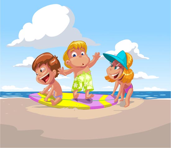 Kids playing on beach vector cartoons