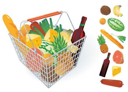 Shopping basket with groceries vectors