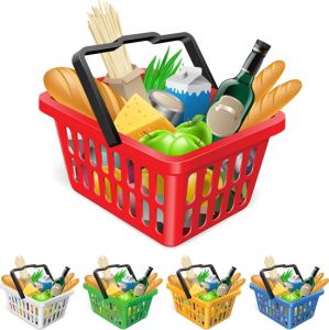 Shopping basket with groceries vectors