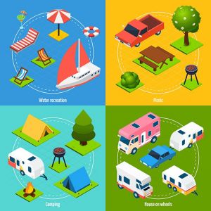 Camping And Travel Isometric 2x2 Icons Set,Camping And Travel Isometric 2x2 Icons Set