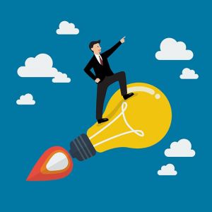 Businessman on a moving lightbulb idea rocket