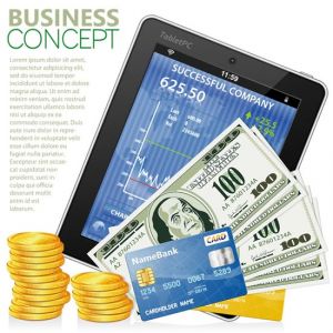 Financial Concept with Tablet PC, Dollars, Credit Cards and Coins
