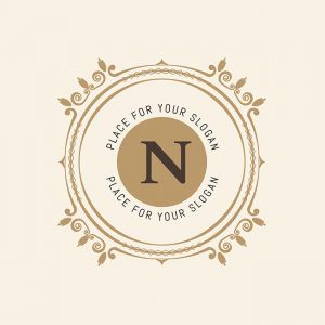 The letter N. Flourishes calligraphic monogram emblem template. Luxury elegant frame ornament line logo design vector illustration. Example designs for Cafe, Hotel, Heraldic, Restaurant, Boutique