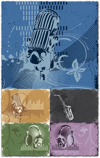 Grunge headphones and microphone vector templates