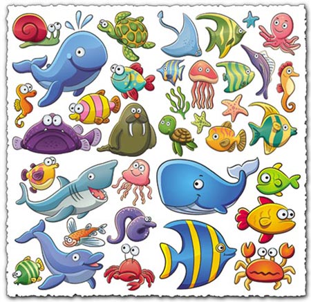 Marine life cartoon vectors