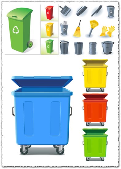 Trash cans and cleaning utenstils vector