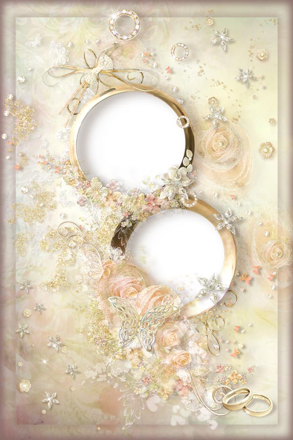 Cream wedding photo frame with rings and roses