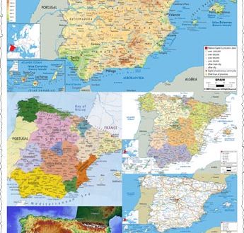 Administrative, physical and relief map of Spain