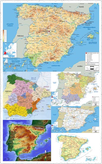 Administrative, physical and relief map of Spain