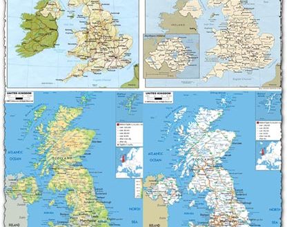 Administrative, physical and relief map of United Kingdom