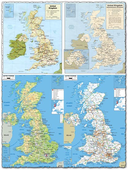 Administrative, physical and relief map of United Kingdom