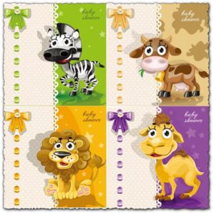 Baby zebra, lion, cow and camel vector card