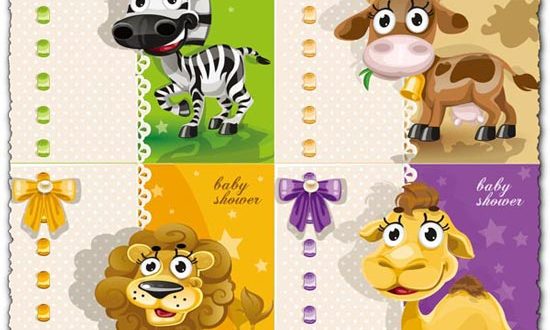 Baby zebra, lion, cow and camel vector card