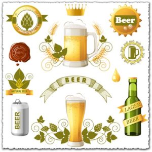 Beer bottles, cans and mugs vectors