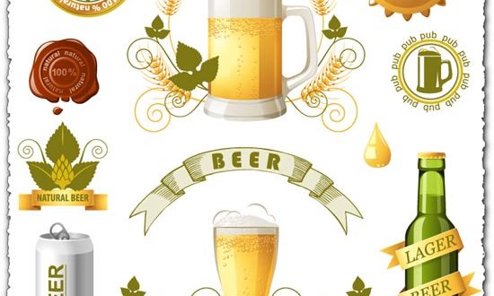 Beer bottles, cans and mugs vectors