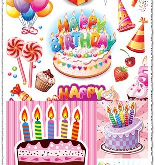 Birthday cakes and balloons vectors