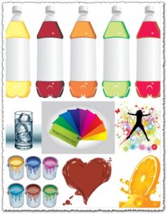 Glass, ice cubes and bottles shapes vector