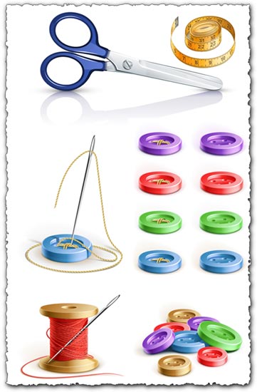 Buttons with needle, scissor and coil vector