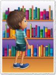 Cartoon boy in front of bookshelves vector