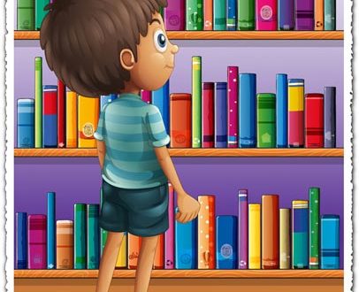 Cartoon boy in front of bookshelves vector