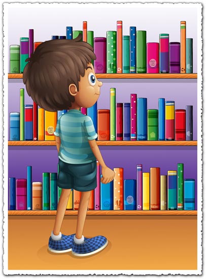 Cartoon boy in front of bookshelves vector