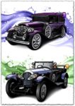 Classic cars with a splashy purple background