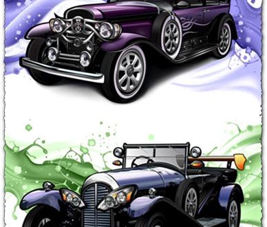 Classic cars with a splashy purple background