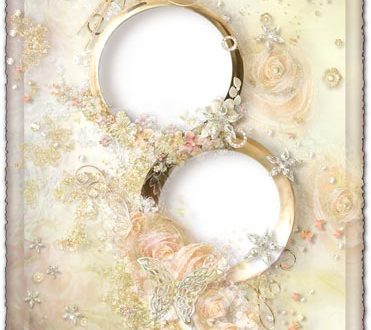 Cream wedding photo frame with rings and roses
