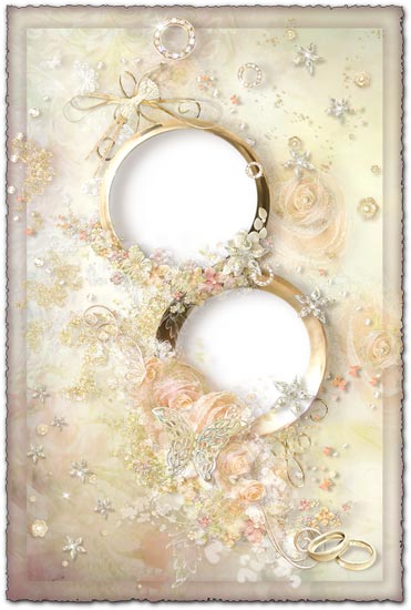 Cream wedding photo frame with rings and roses