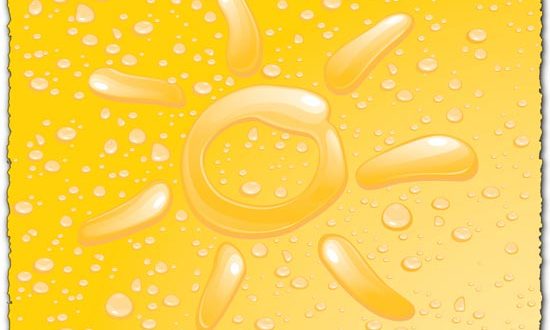 Sun with water drops on yellow background
