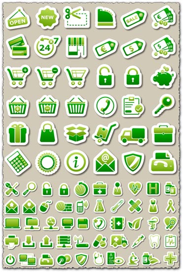 Green tags with shadow vector icons